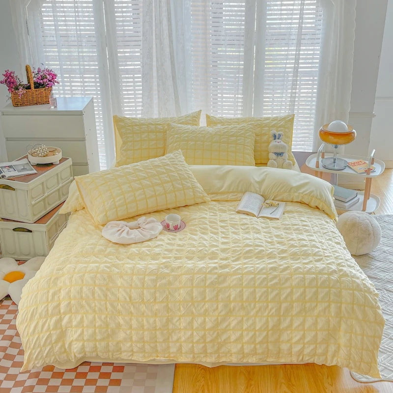 Puffy Check Bubble Fabric Set Duvet Pillowcase Bedding Sheet Quilt Cover Set