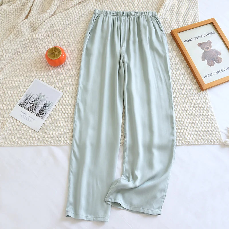 Loose Thin Solid Color Silk Satin Sleep Bottoms
