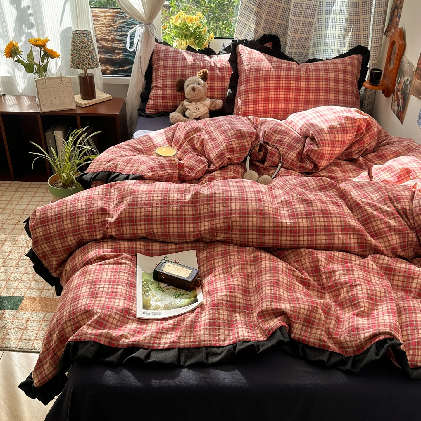 Plaid Bedding Set Double Yarn Classic Vintage Duvet Cover Set Flat Sheets Set 2 Pillowcases