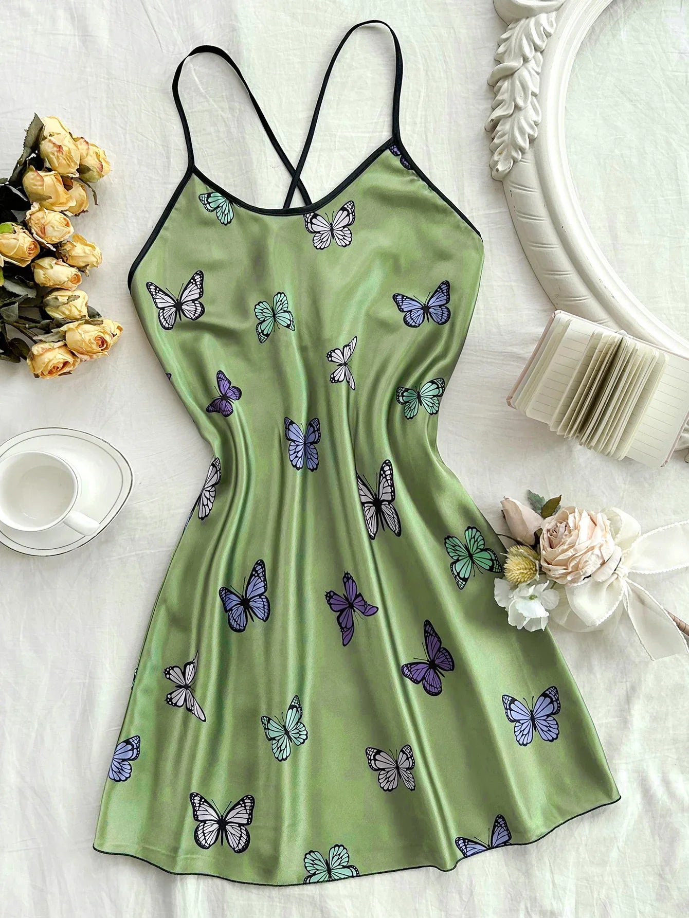 Silk Stain Butterfly Printed Slip Sexy Backless Nightdress