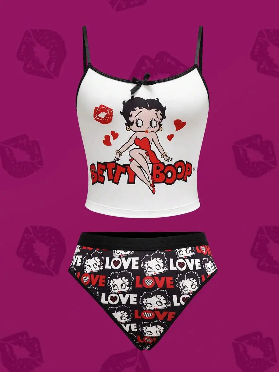 The Cartoon Betty Boo Print Crop Cami Top and Boy-shorts Set