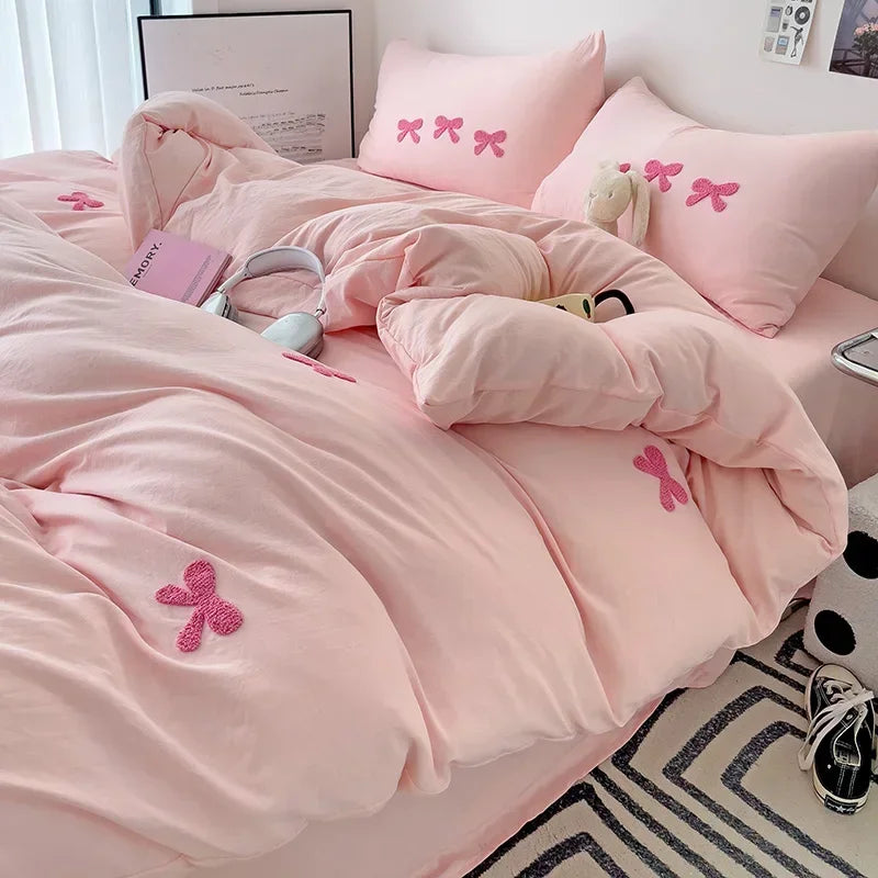 3D Embroidered Bow Quilt Set Cotton Pink Comfortable Soft Bedding
