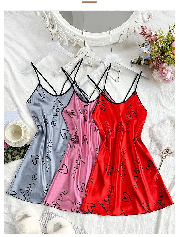 Heart Print Nightdress Scoop Neck Criss Cross Back Sleep Dress Women's Sleepwear