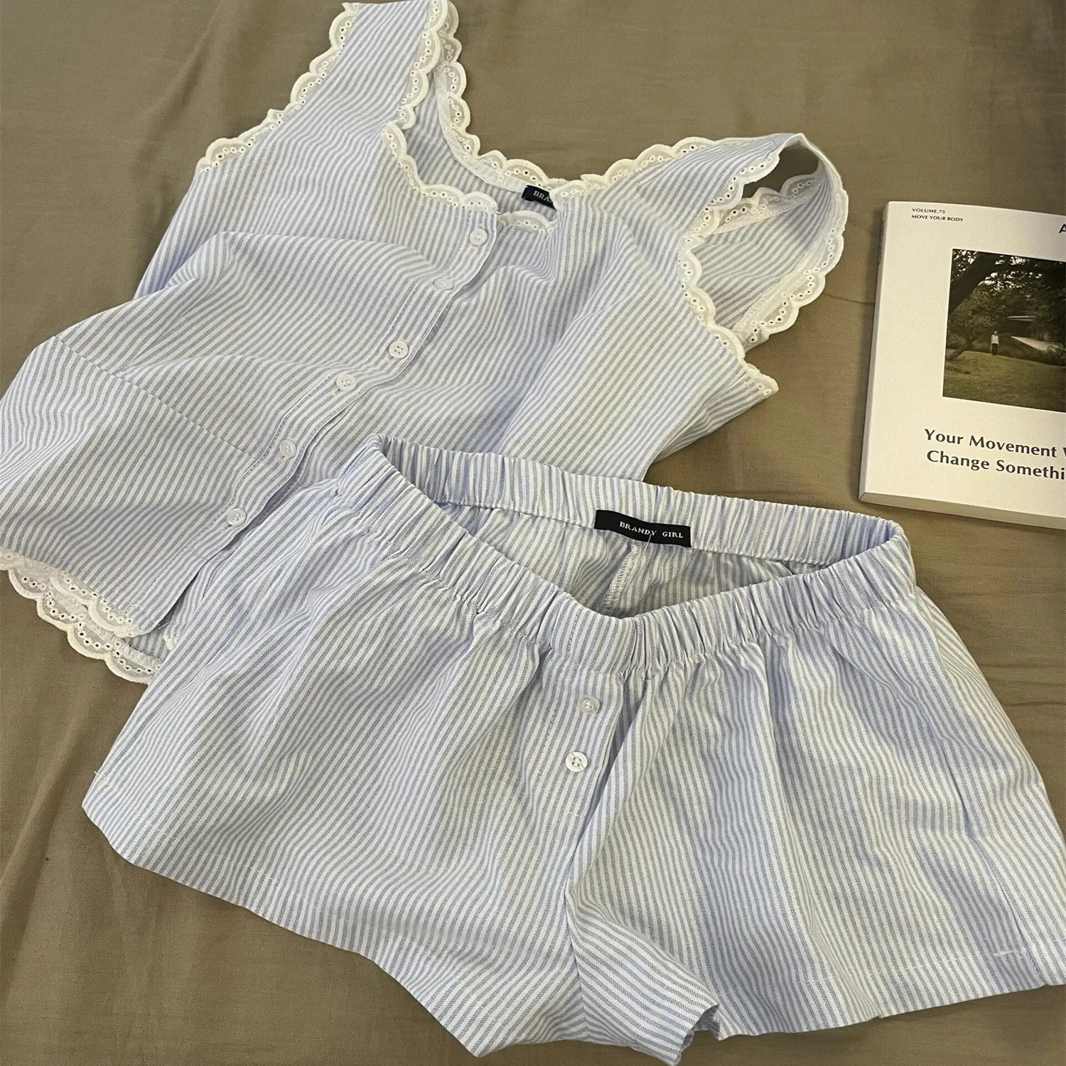 Striped Women Summer Sleeveless Shorts Sets 2 Pieces Lace Night Wears