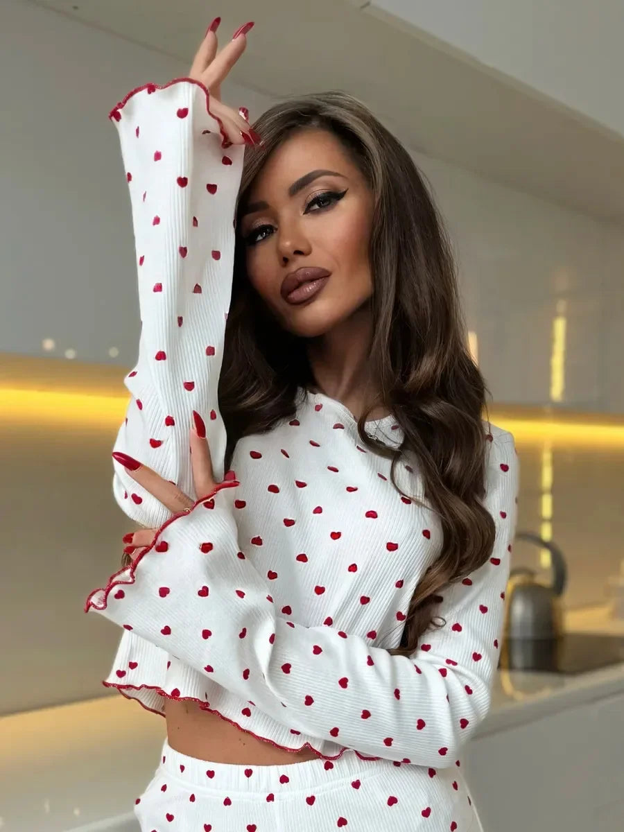 Y2K-Style Two-piece Cherry/Heart Print Cuffed-Long-Sleeve Tops and Long Trousers
