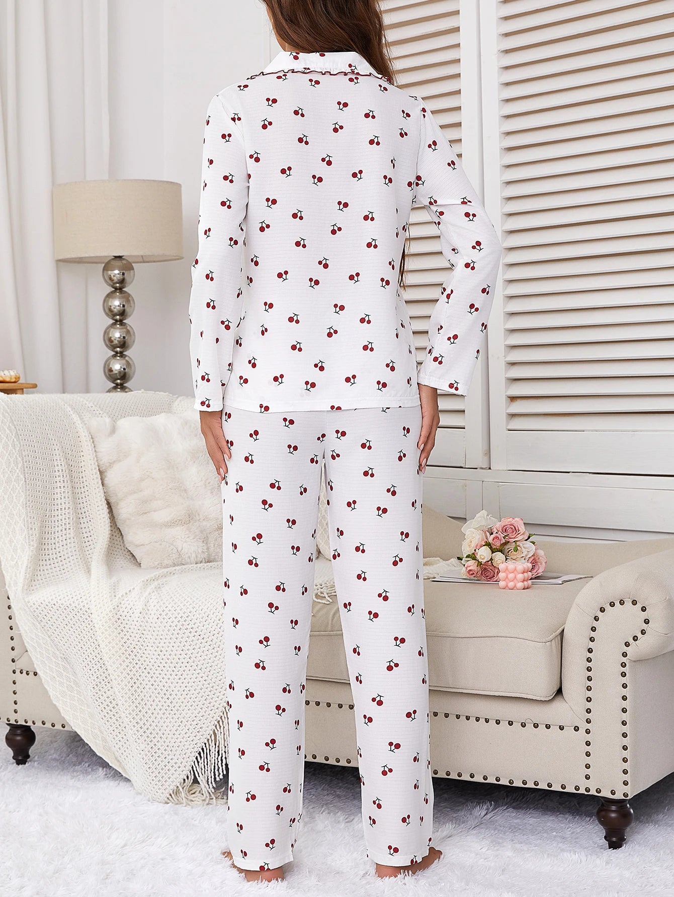 Sweet Cherry Print and Ruffled Details Long Sleeve & Pants Two-Piece
