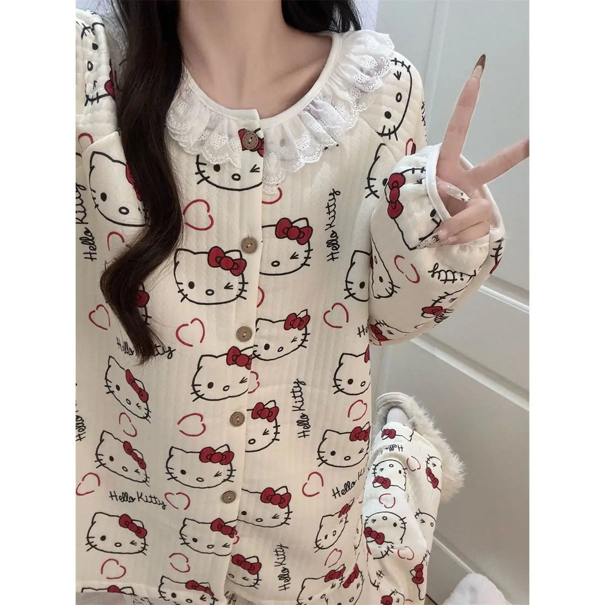 Hello Kitty Women's Plush Sweet Heart Lace Trim Long Sleeve Pants Cozy Home Loungewear