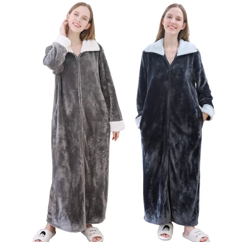 Ultra Long Thick Warm Bathrobe Thermal Flannel with Zipper