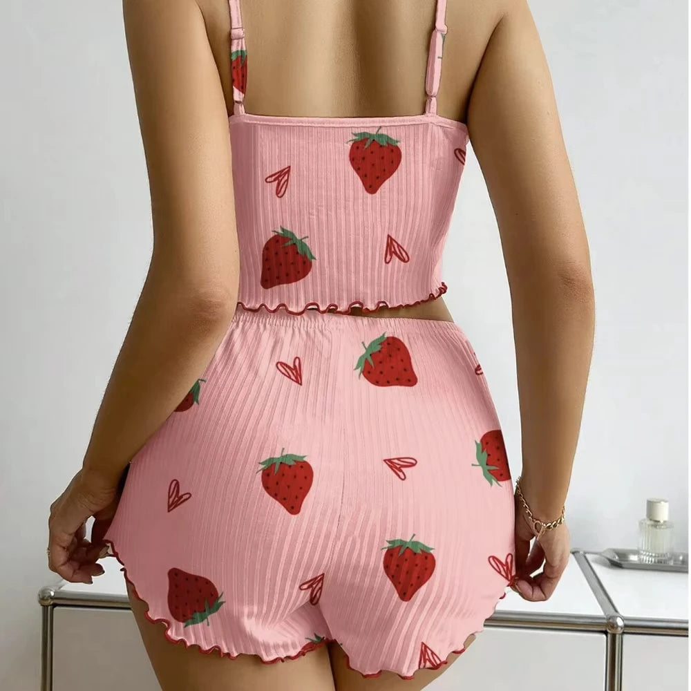 Strawberry Print Ribbed Two-Piece Knit Camisole Pajama Set