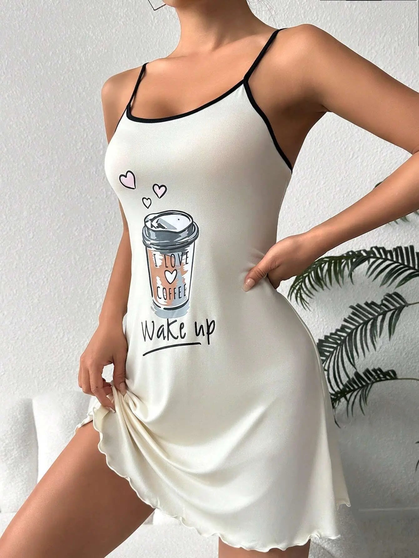 Lettuce Trim Coffee Letter Print Spaghetti Strap Mini Nightgown