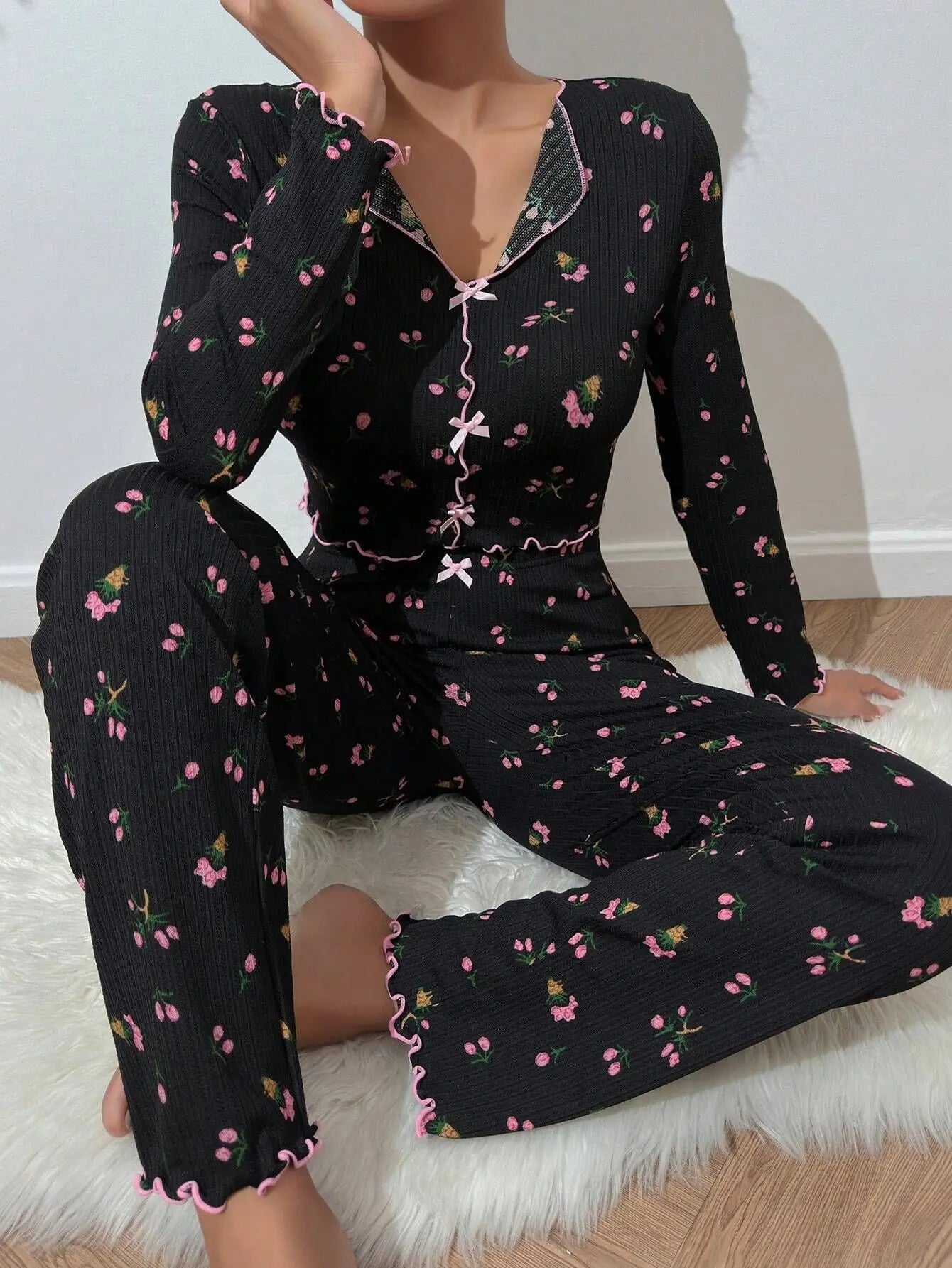 Y2K Bow Lettuce Trim Cute Floral Ribbed Womens Long Sleeve V Neck Two Piece Sleepwear