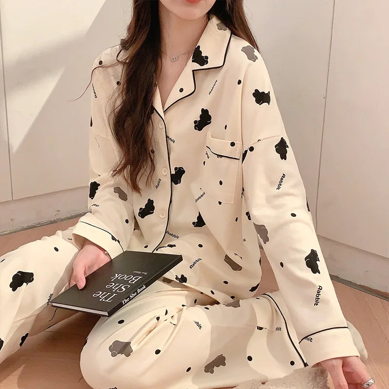 Women's Cardigan Long-sleeved Long Pants Cotton Comfortable Pajamas