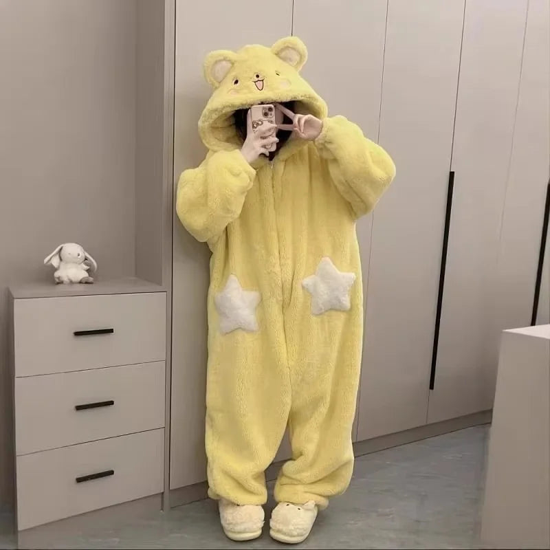 Star Patch Cute Jumpsuit Coral Fleece Pajamas