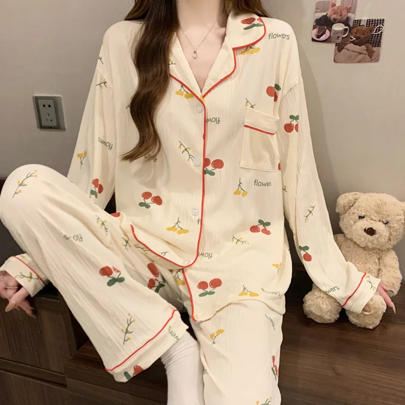 Women's Pajamas Loungewear Girl Love Cardigan Pajamas Crinkled Fabric Loungewear Long Sleeve Set