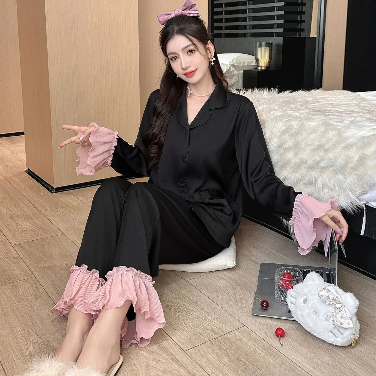 Women's Long-Sleeved Two-piece Silk Pajamas Set Solid Color Cool Nightgown