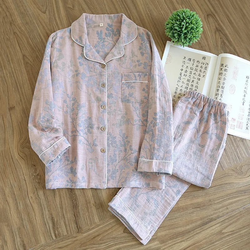 Spring 100% Cotton Gauze Retro Color Knitted Long Sleeve Two Piece Pajama Set