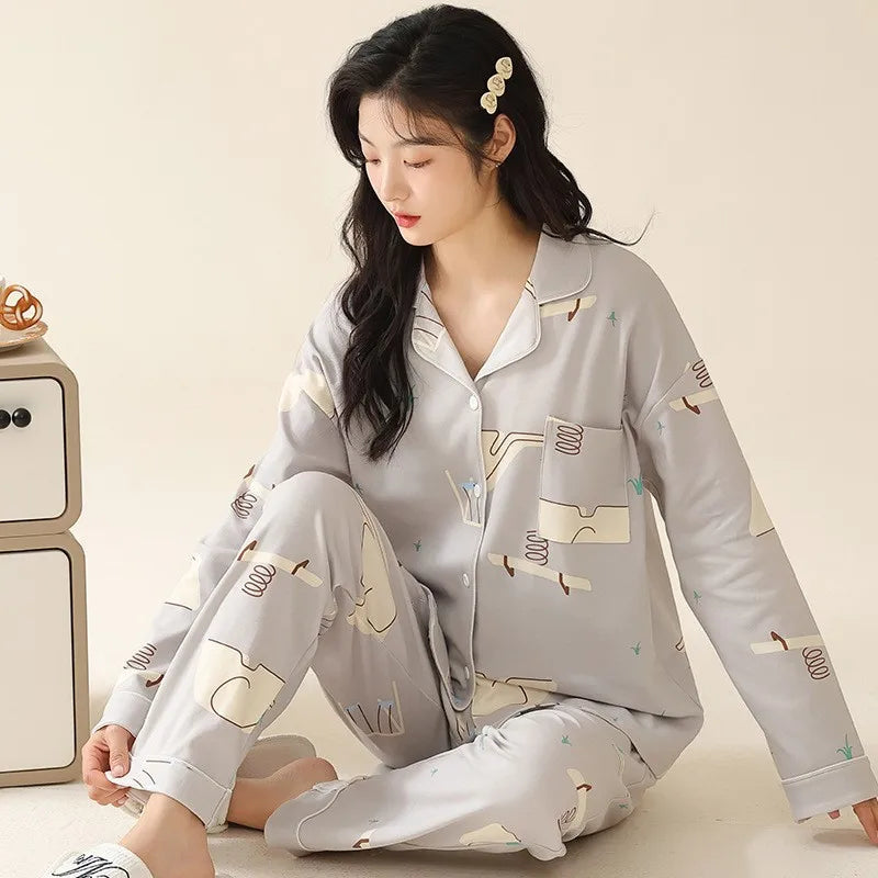 Women's Cardigan Long-sleeved Long Pants Cotton Comfortable Pajamas