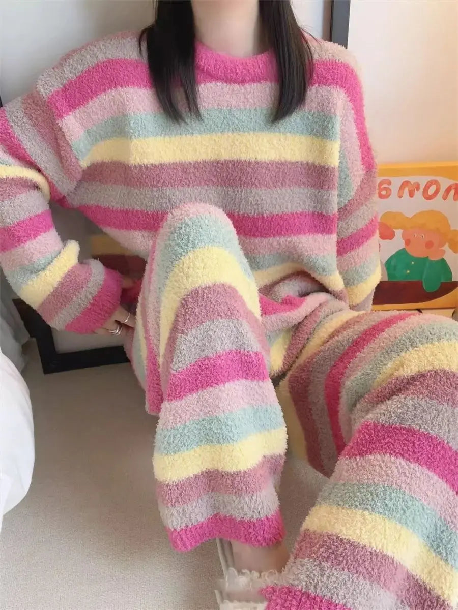 Cute Rainbow Pattern Simple Half-Fleece Warm Pajamas