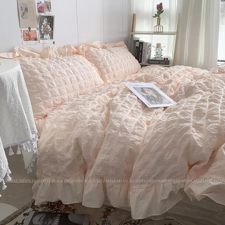 Solid Color Ruffles Lace  Kawaii Soft Sheet Duvet, Pillow & Quilt Cover