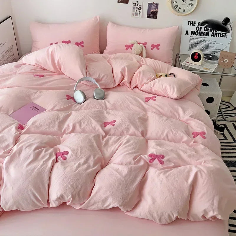 3D Embroidered Bow Quilt Set Cotton Pink Comfortable Soft Bedding