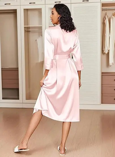 Satin Robe Belted Elegant Solid Color Silky Comfort Bathrobe Loungewear