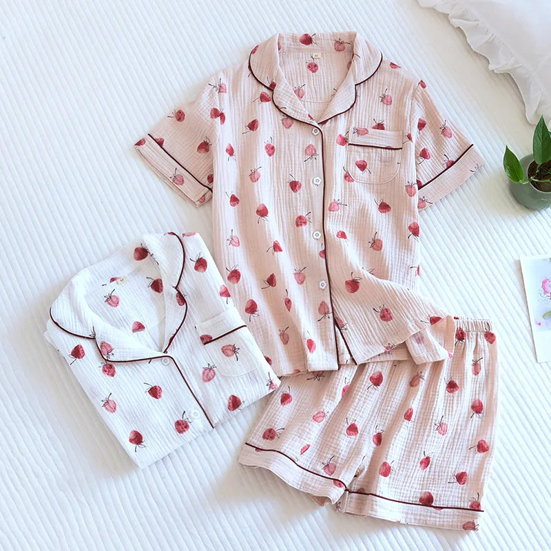 Japanese Short-sleeved Shorts Two-piece Ladies Cotton Crepe Cute Fresh Loose Set