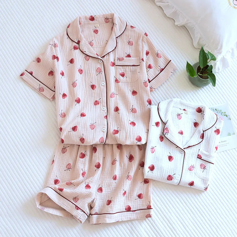 Japanese Short-sleeved Shorts Two-piece Ladies Cotton Crepe Cute Fresh Loose Set