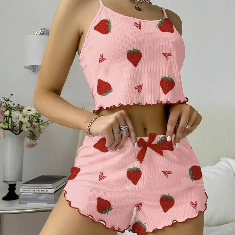 Strawberry Print Ribbed Two-Piece Knit Camisole Pajama Set