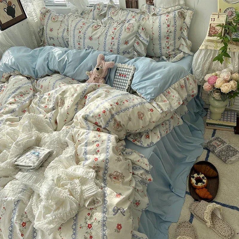 Princess Style Floral Ruffles Bedding Set Skin-friendly Soft Duvet Cover Set Bed Sheet Or Bed Skirt Pillowcases