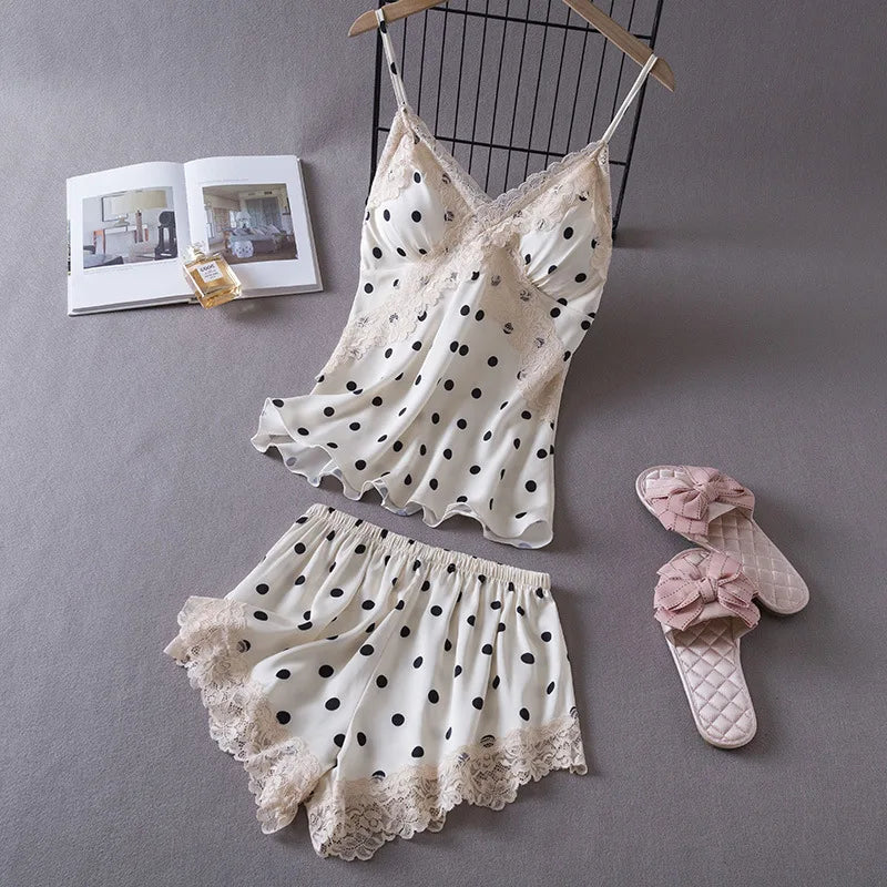 Silk Lace Sexy V-Neck 2 Pcs Set With Chest Pad Nightwear