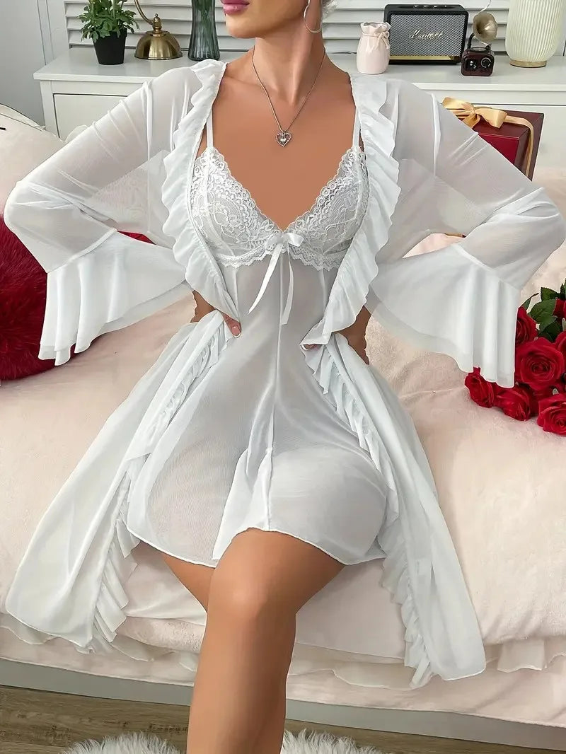 Sexy Lingerie with Suspenders Sheer Transparent Nightgown and Lace Trim