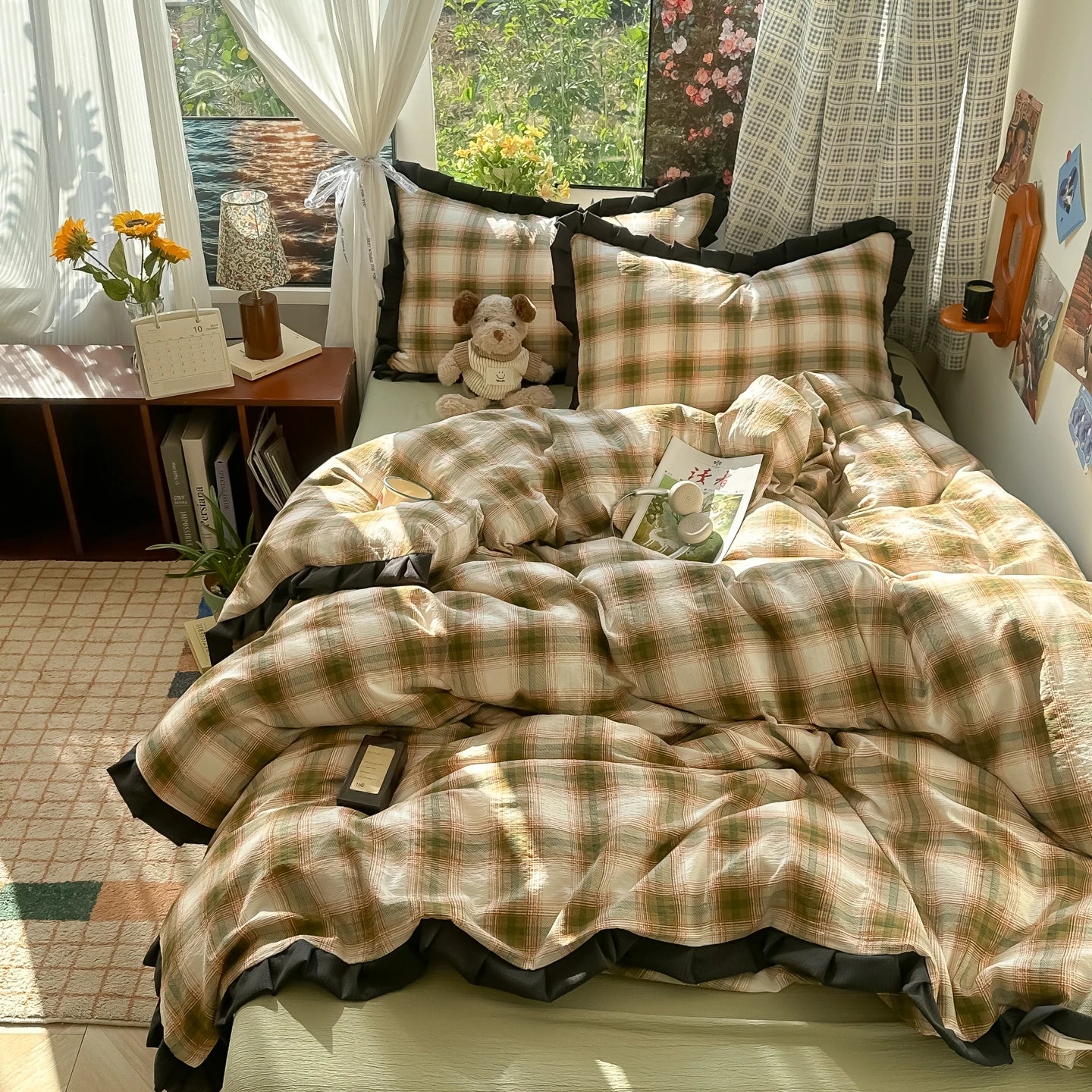 Plaid Bedding Set Double Yarn Classic Vintage Duvet Cover Set Flat Sheets Set 2 Pillowcases
