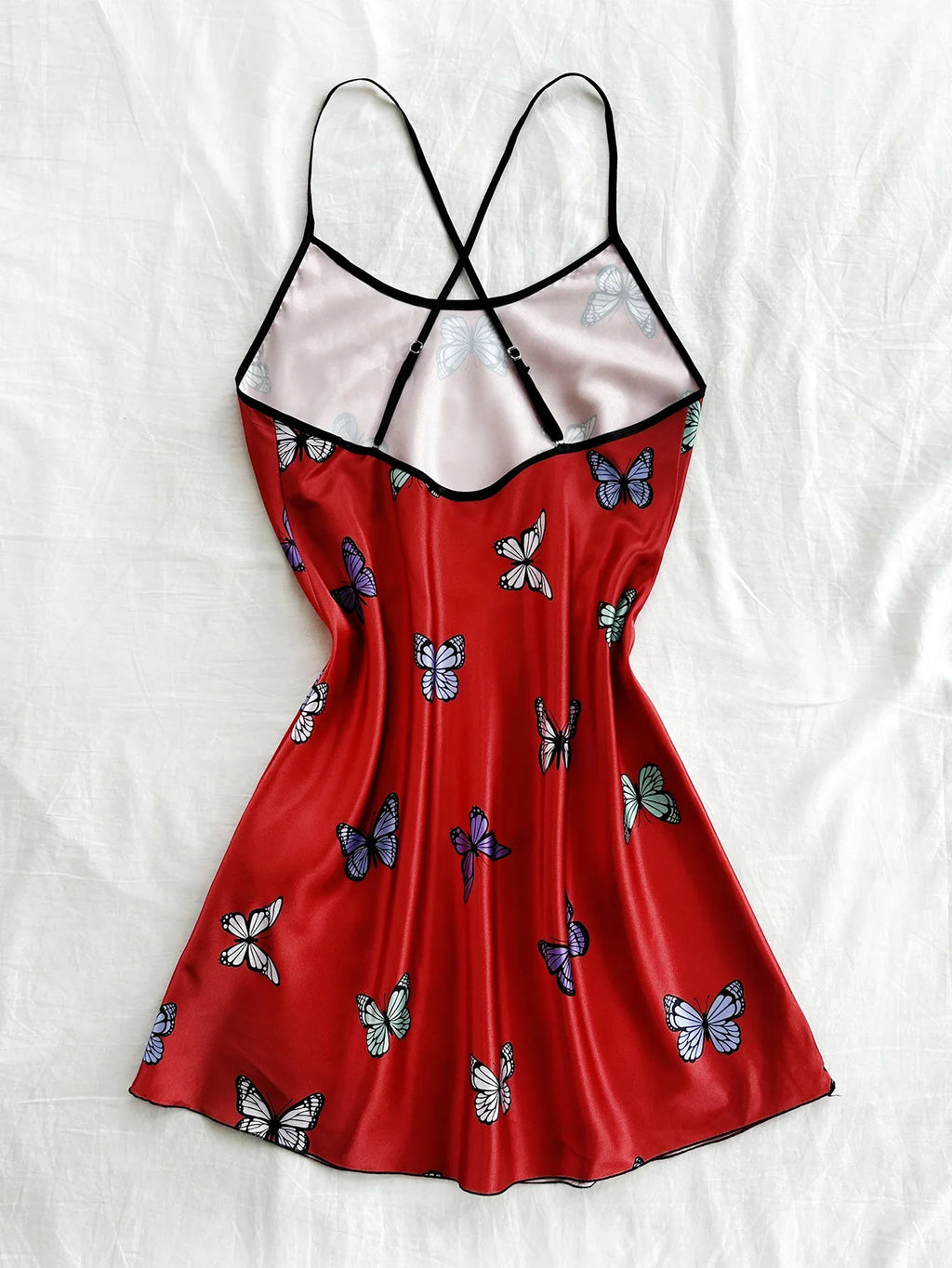 Silk Stain Butterfly Printed Slip Sexy Backless Nightdress