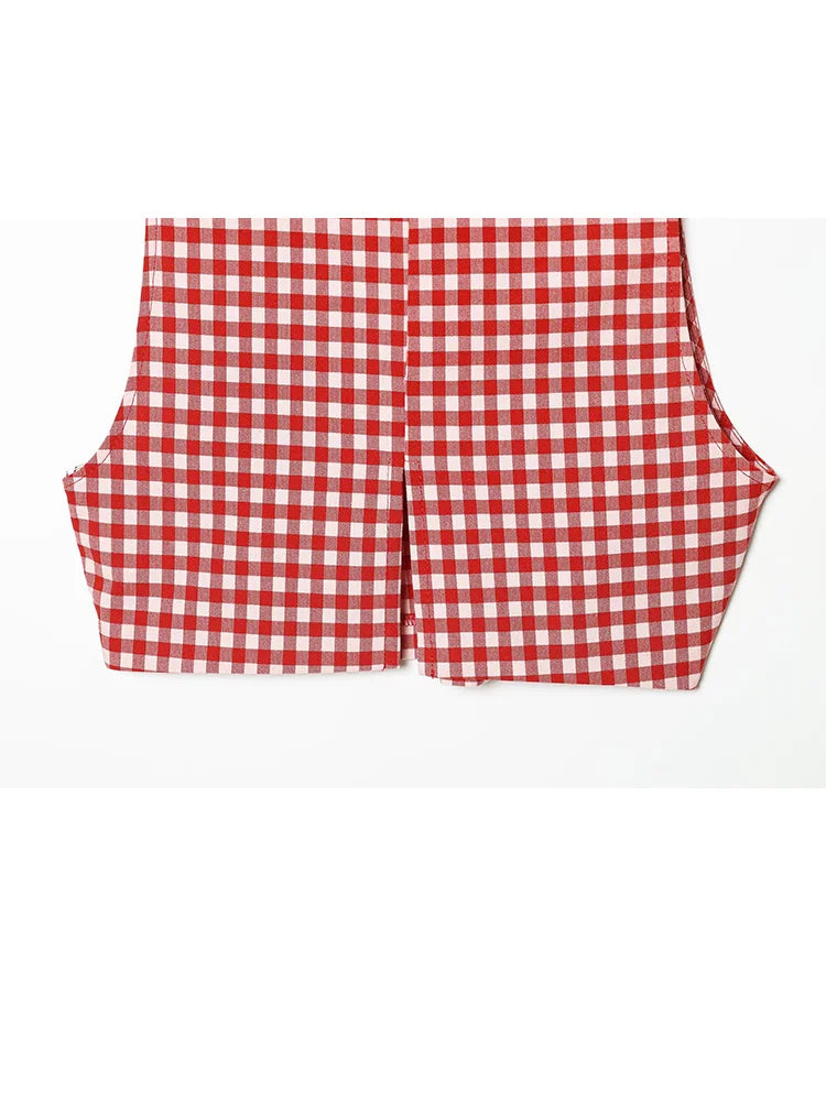 Vintage Red White Plaid 2-Piece Set Collar Zipper Sleeveless Vest+Side Slim Pant