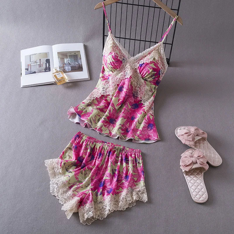 Silk Lace Sexy V-Neck 2 Pcs Set With Chest Pad Nightwear