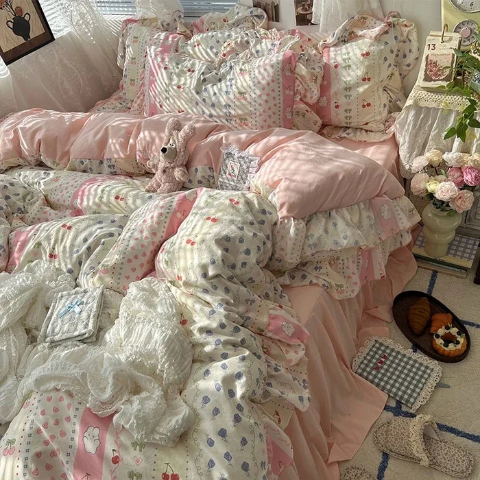 Princess Style Floral Ruffles Bedding Set Skin-friendly Soft Duvet Cover Set Bed Sheet Or Bed Skirt Pillowcases