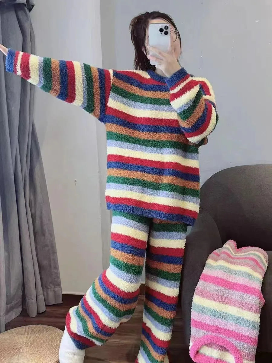 Cute Rainbow Pattern Simple Half-Fleece Warm Pajamas