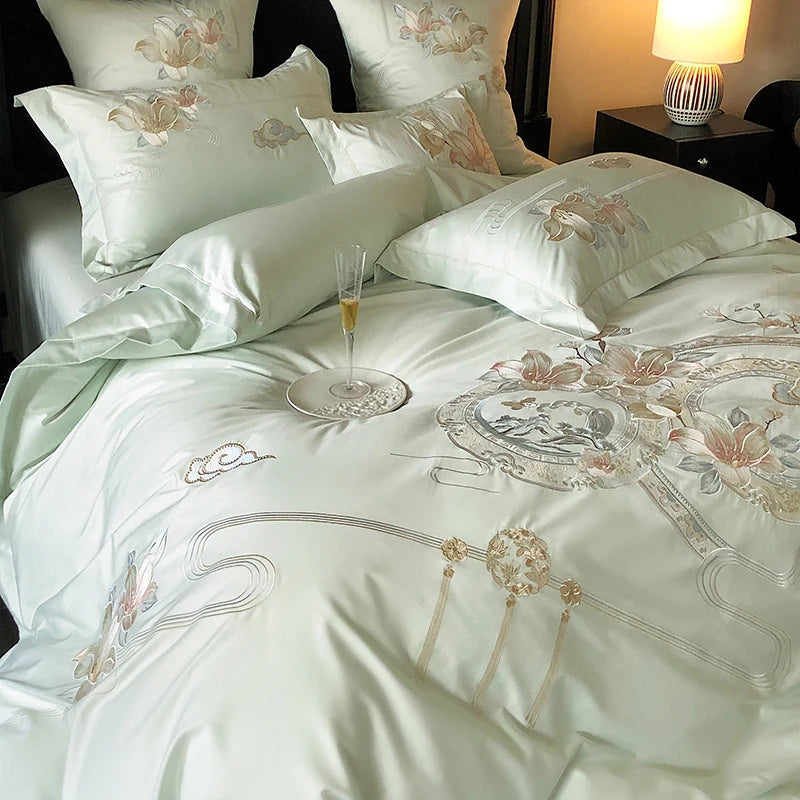 Flowers Bird Embroidery Luxury Bedding Set 1000TC Egyptian Cotton Duvet Cover Bed Sheet Pillowcases 4/5Pcs