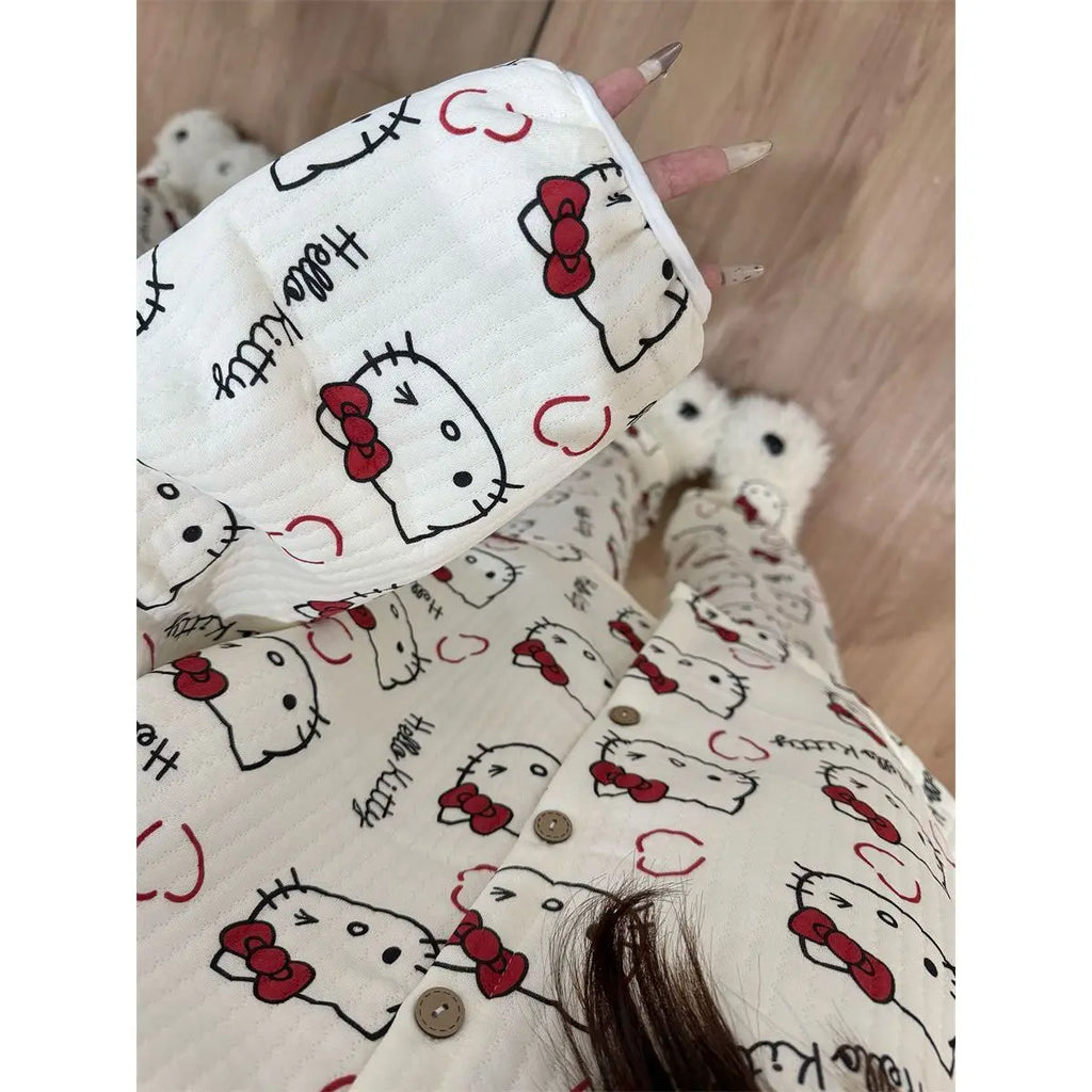 Hello Kitty Women's Plush Sweet Heart Lace Trim Long Sleeve Pants Cozy Home Loungewear