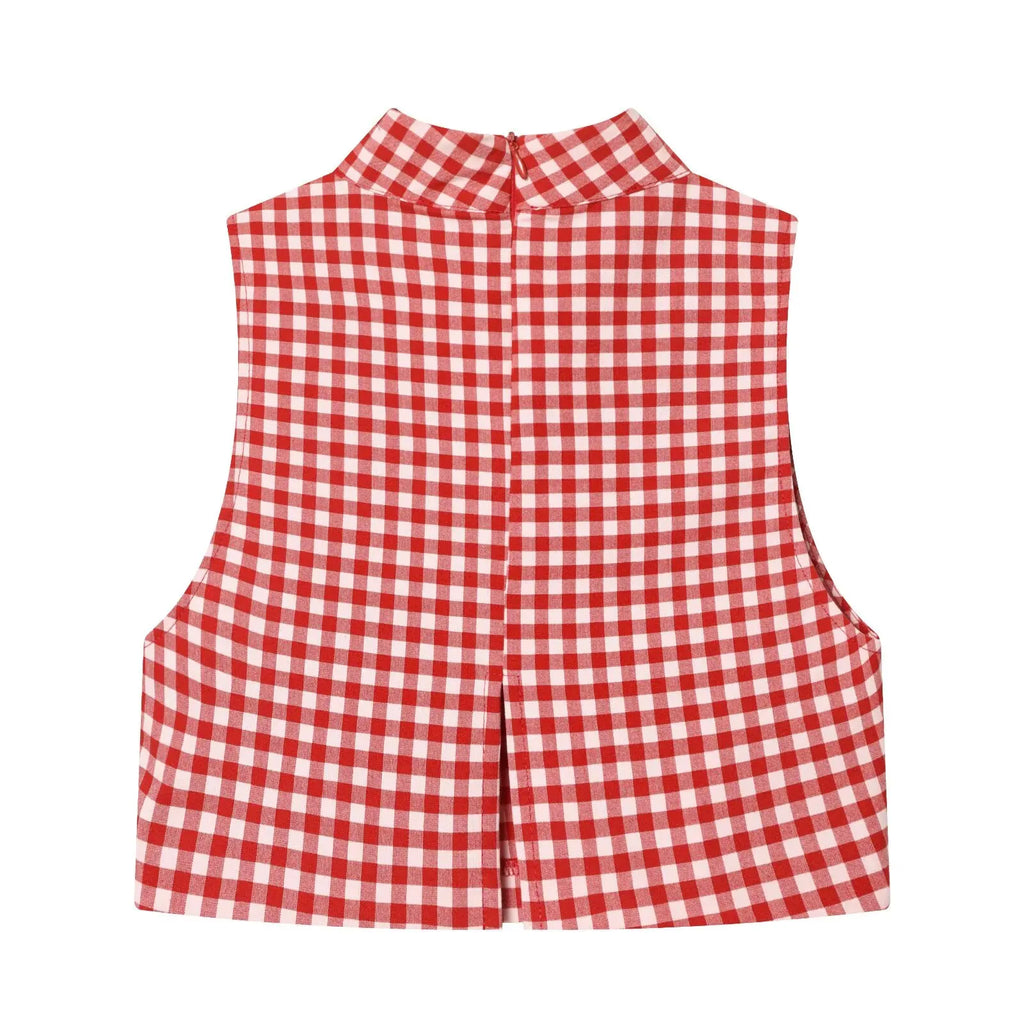 Vintage Red White Plaid 2-Piece Set Collar Zipper Sleeveless Vest+Side Slim Pant