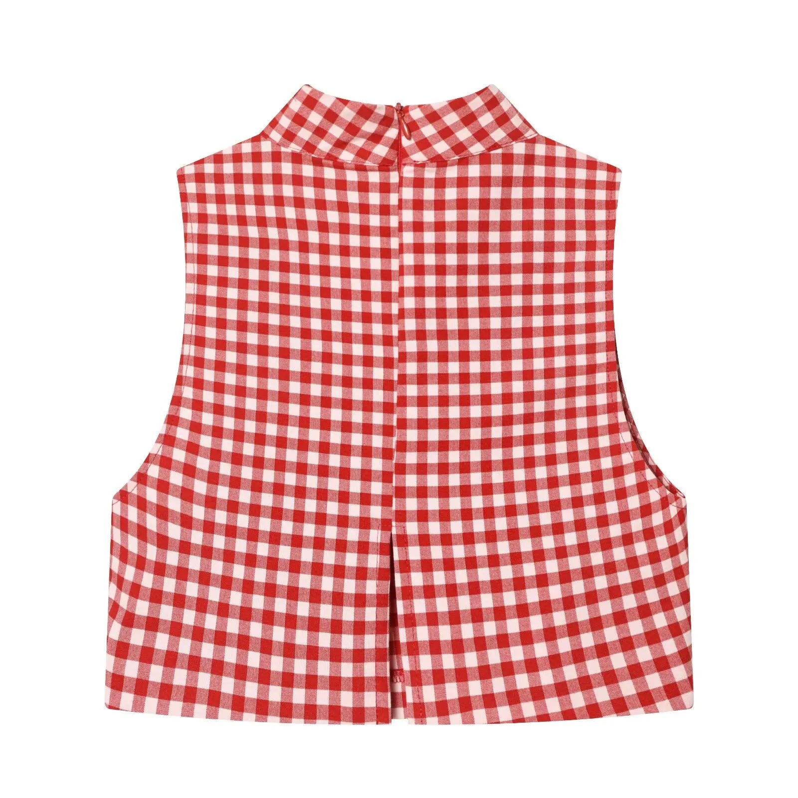 Vintage Red White Plaid 2-Piece Set Collar Zipper Sleeveless Vest+Side Slim Pant