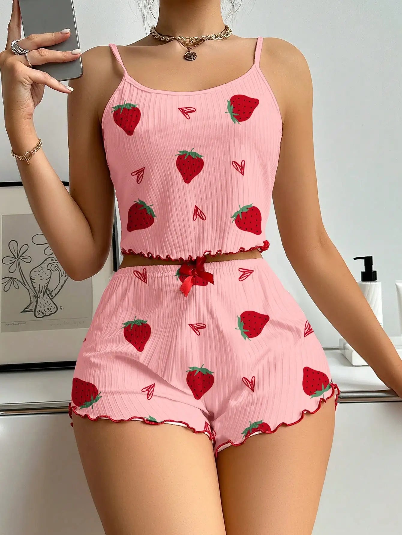 Strawberry Print Ribbed Knit Ice Silk Camisole Pajama Set