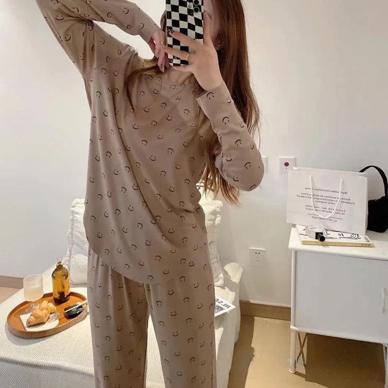 Smiley Two-piece Long-Sleeved Long Pants Soft Skin-Friendly Sleep Pajamas