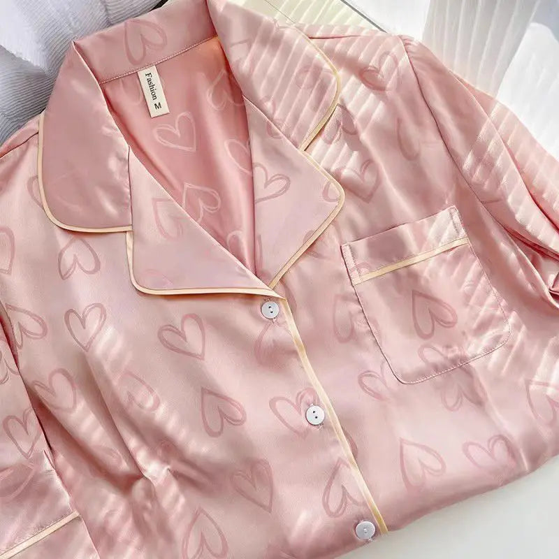 Sweet Ice Silk Pajamas Women's Long Sleeve Lace Two Piece Sleepwear Loungewear