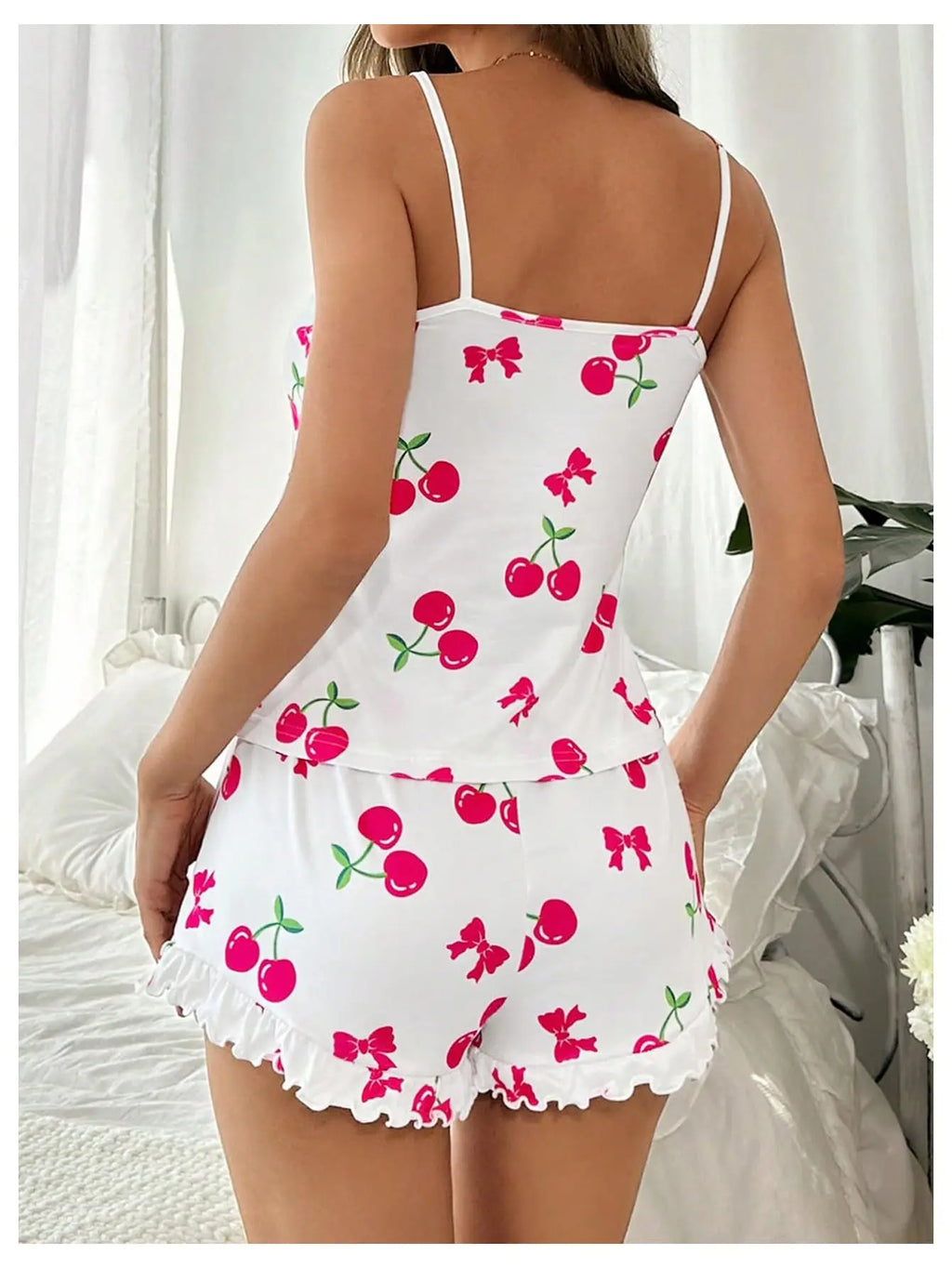 Soft Casual Cherry Print Cami Top and Ruffle Shorts Set