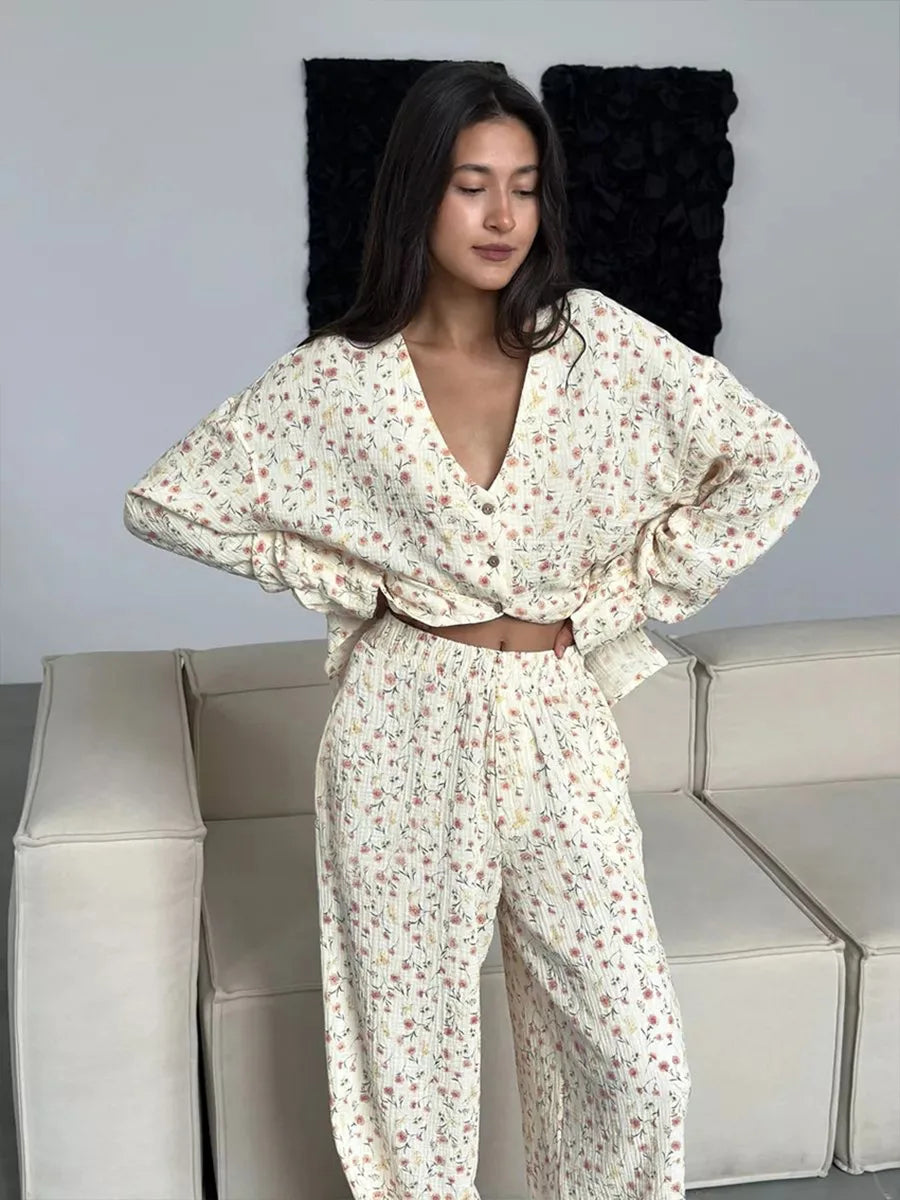 Floral 100% Cotton Printed Loose Cardigan Long Sleeved Pants Pajamas Two-piece Set