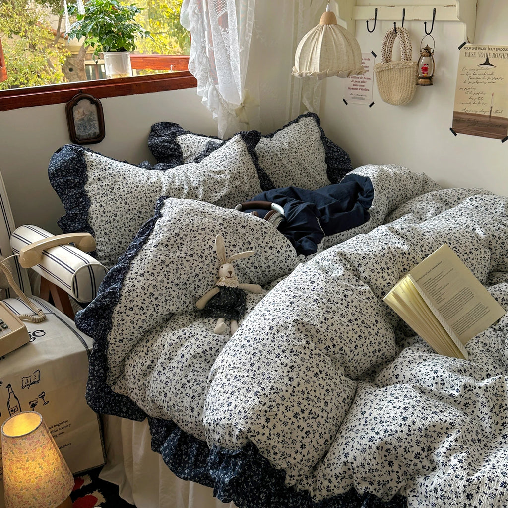 Vintage Flowers Lace Ruffles Duvet Cover Set Pillowcase For Home Bedroom Decor