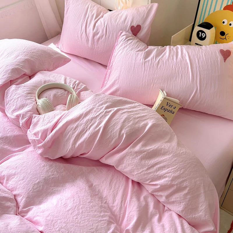 Heart Pattern Solid Color Bedding Set Soft Bed Flat Sheet Duvet Cover Set Pillowcases Simple Bed Linen