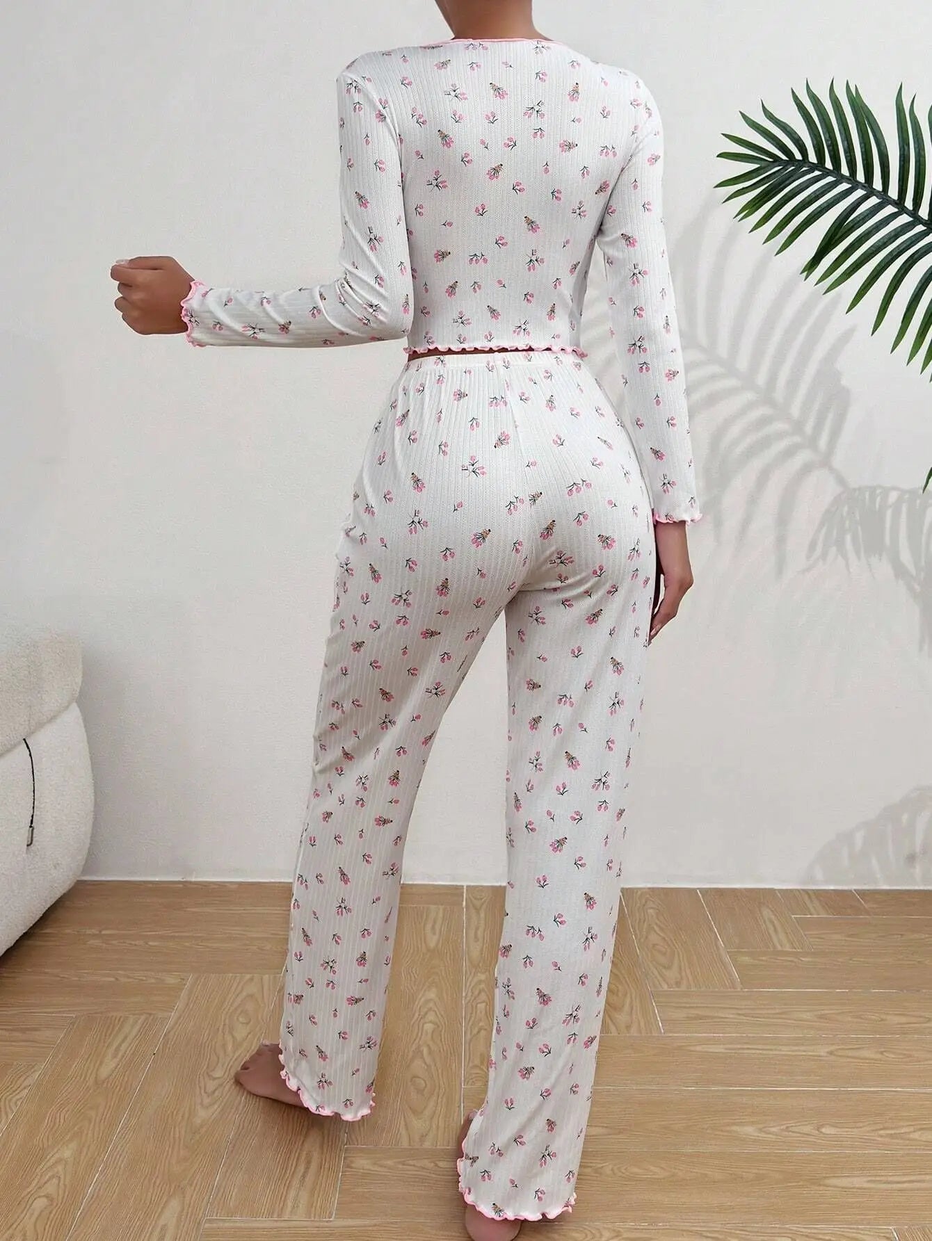 Y2K Bow Lettuce Trim Cute Floral Ribbed Womens Long Sleeve V Neck Two Piece Sleepwear