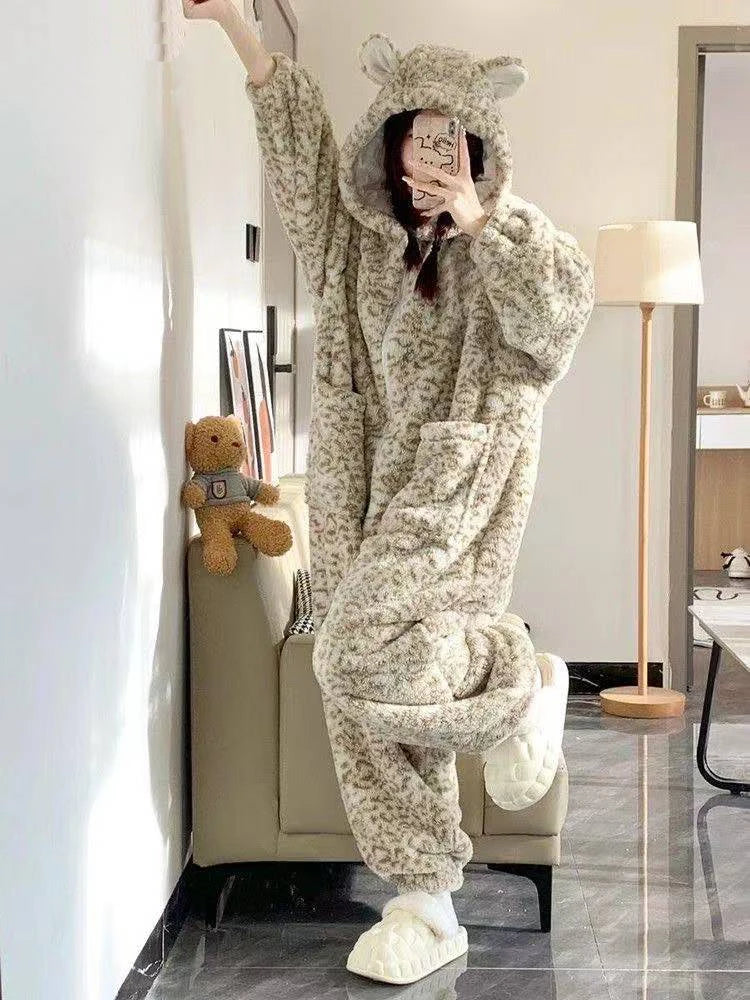 Leopard Hooded Onesie Flannel Pochets Overall Slippers Set